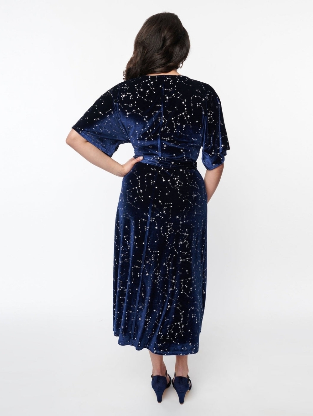 Unique Vintage 1970s Navy & Silver Stars Velvet Wrap Midi Dress, Size 2X/18 - Picture 3 of 6